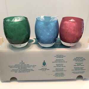 Partylite Holiday Trio P7259 NIB Red, Green,Blue Etched Glass Tea Light Holders